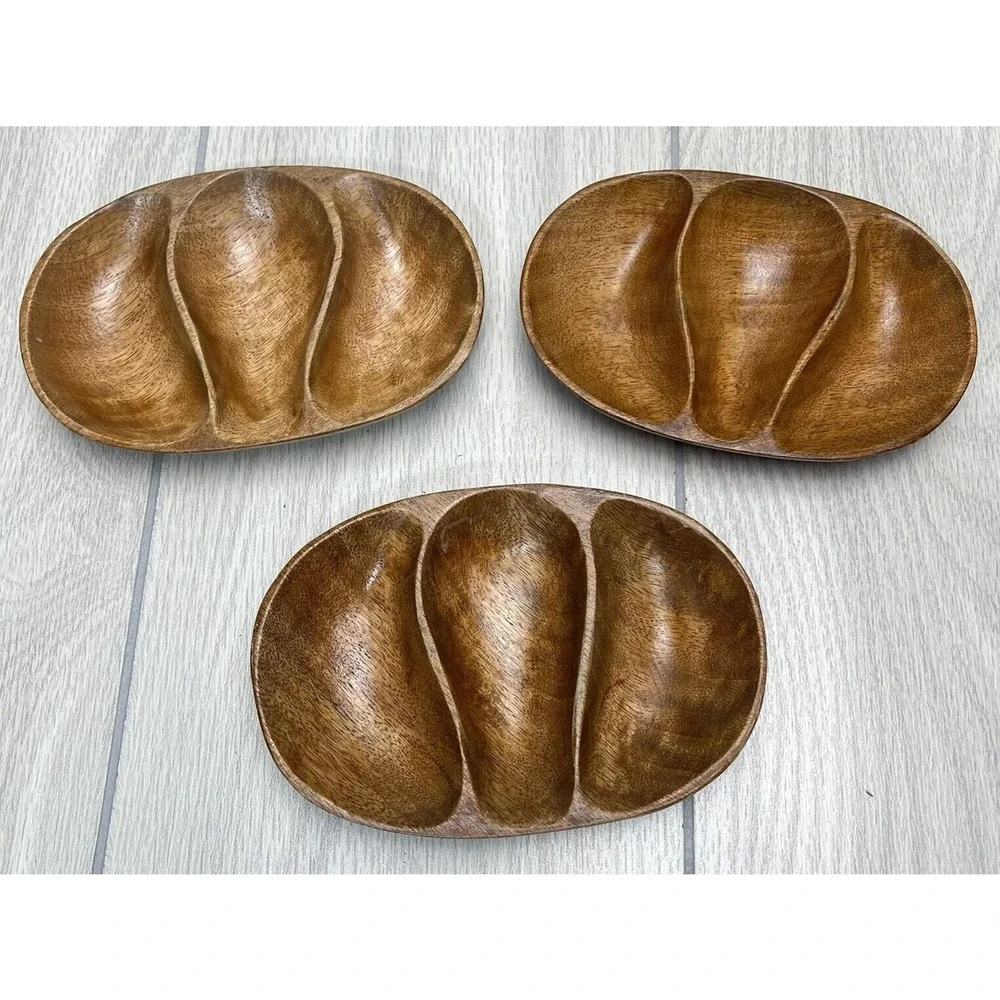 3 Section Dish Monkey Pod Wood Vintage‎ Retro - Set of 3